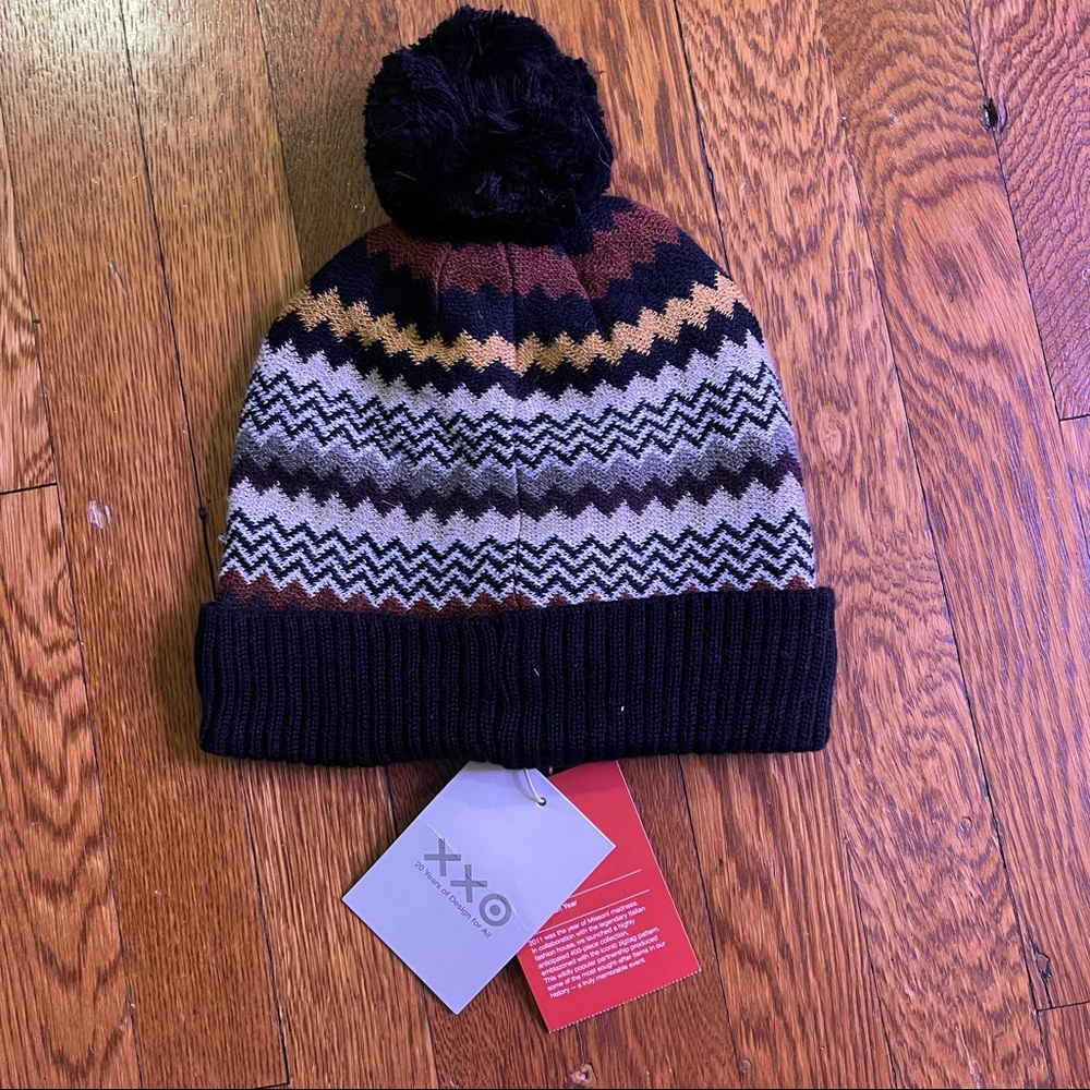 Missoni for Target fleece-lined beanie hat with pom pom in neutral tone chevron